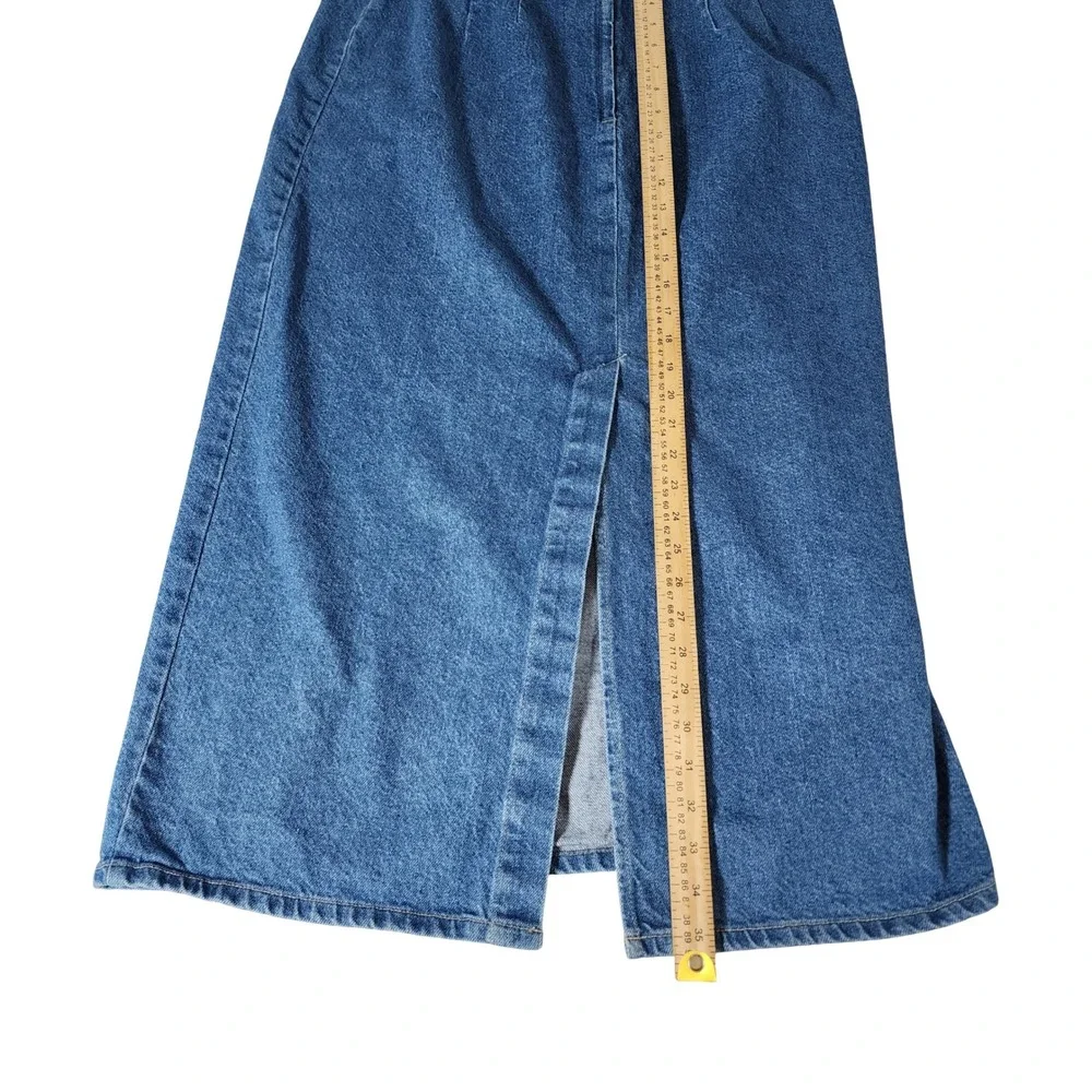 BLUEZONE Vintage 90s Denim Maxi Skirt Blue Cotton High Waist Front Slit USA 14W - Picture 7 of 14